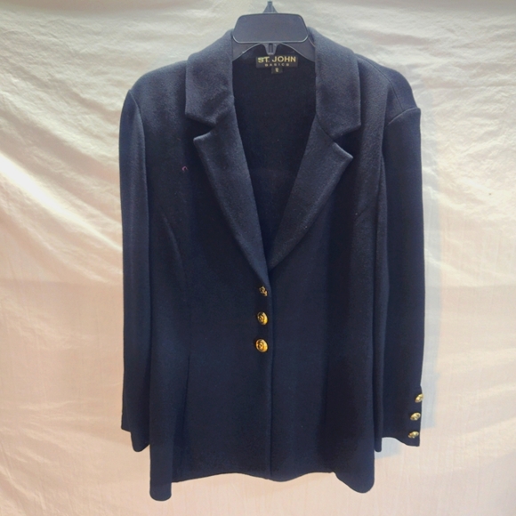 St John Basics Women's 12 Black Blazer Gold Button Santana Knit Jacket EUC